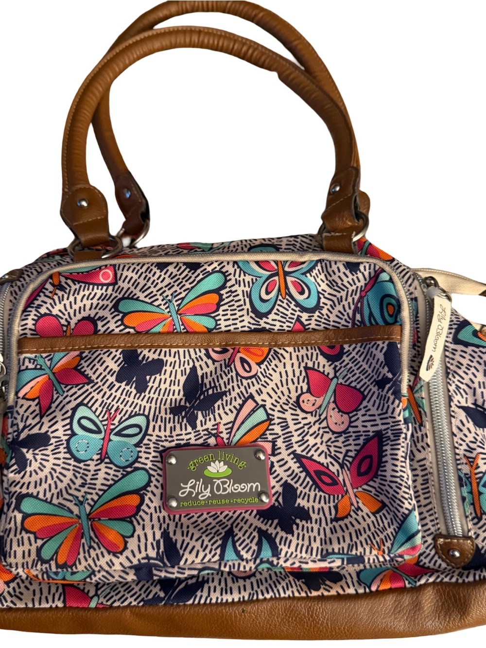 Lily Bloom Multicolor Butterfly Print Bag with Brown Trim